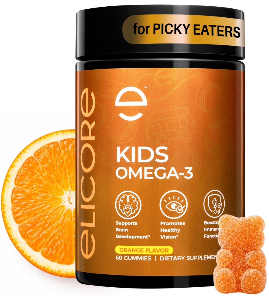 Premium Kids Omega 3 Gummies – Orange Flavor Fish Oil for Kids – Omega 3 Gummies for Children – No Fish Burps – Brain, Eye &amp; Immune Support – 2 Month Supply