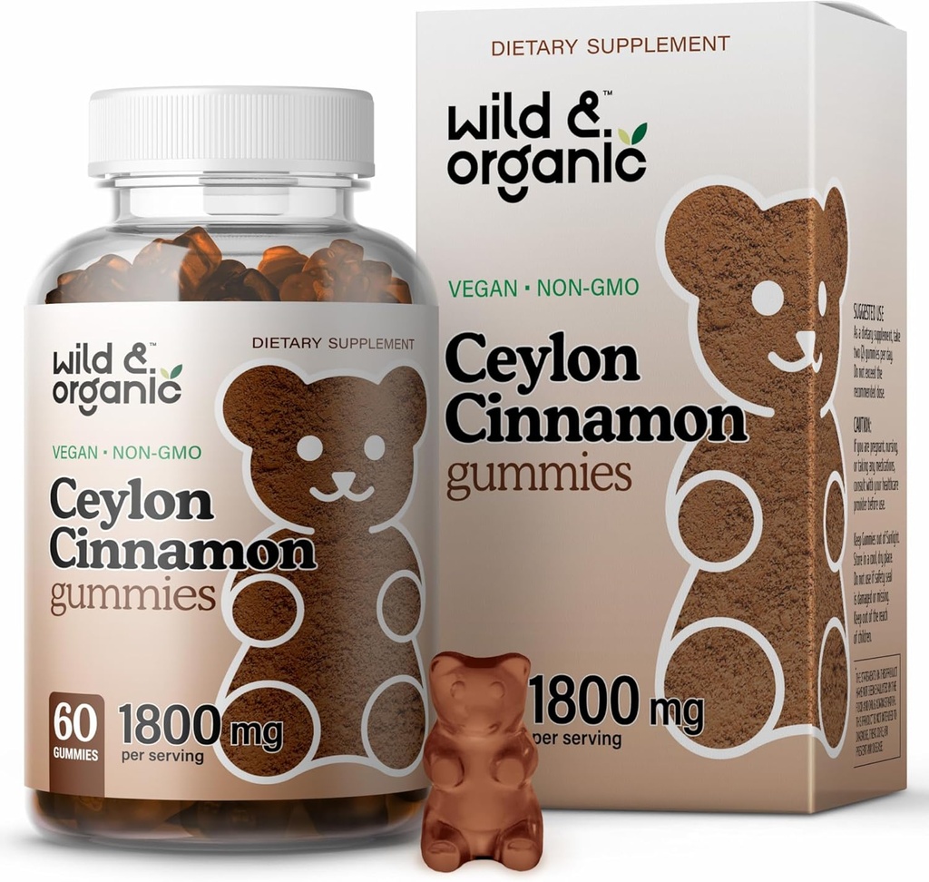 Wild &amp; Organic Ceylon Cinnamon Gummies 1800mg - Antioxidantes Soporte w/Cinnamon, Turmeric Root, Ginger - 60 Vegan, Non-GMO Chews