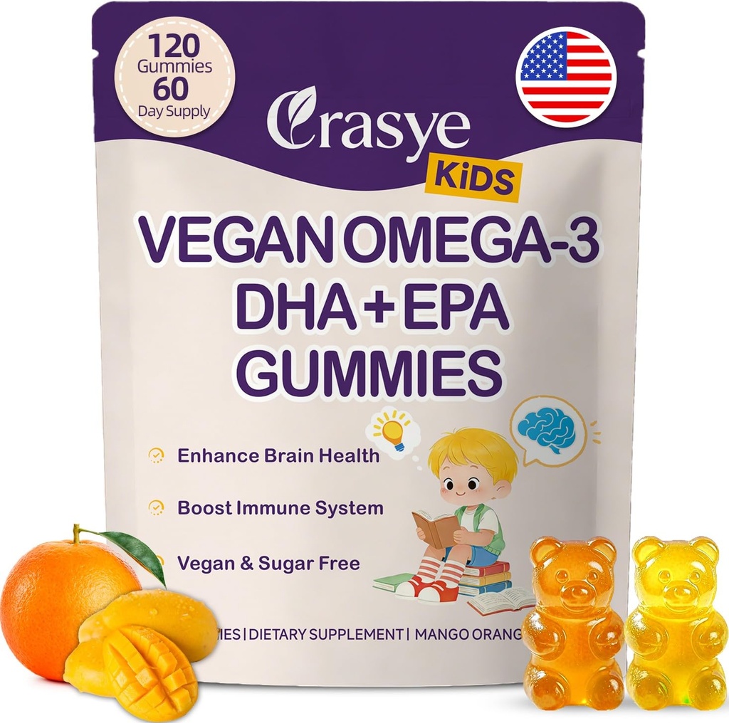 Omega 3 Gummies for Kids & Teens - Sugar Free Omega DHA & EPA Supplement Gummy for Children Brain and Immunity - No Fish Burps, Vegan - 120 Gummies
