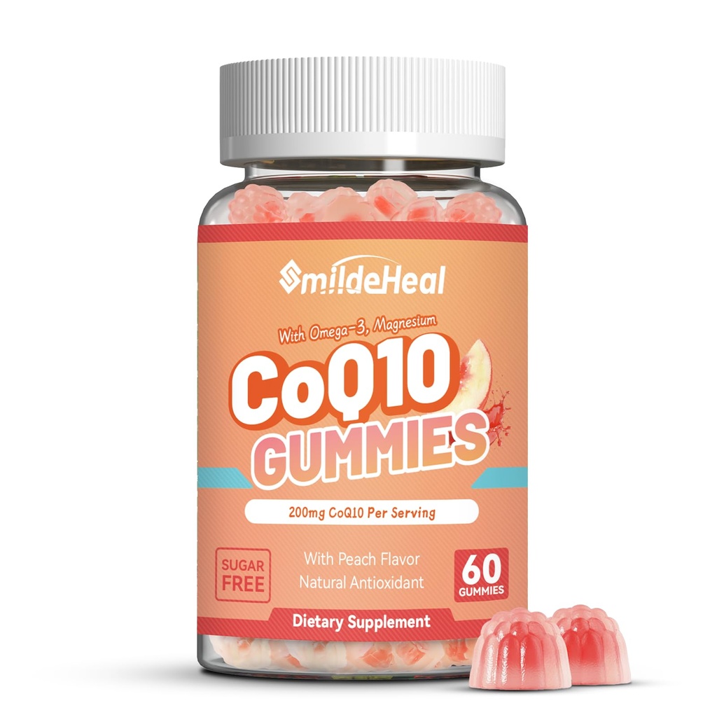 CoQ10 Gummies 200mg with Omega-3, EPA + DHA, & Magnesium - Coenzyme Q10 Supplements for Heart Health, Cellular Energy & Antioxidant, Vegan - 60 Gummies