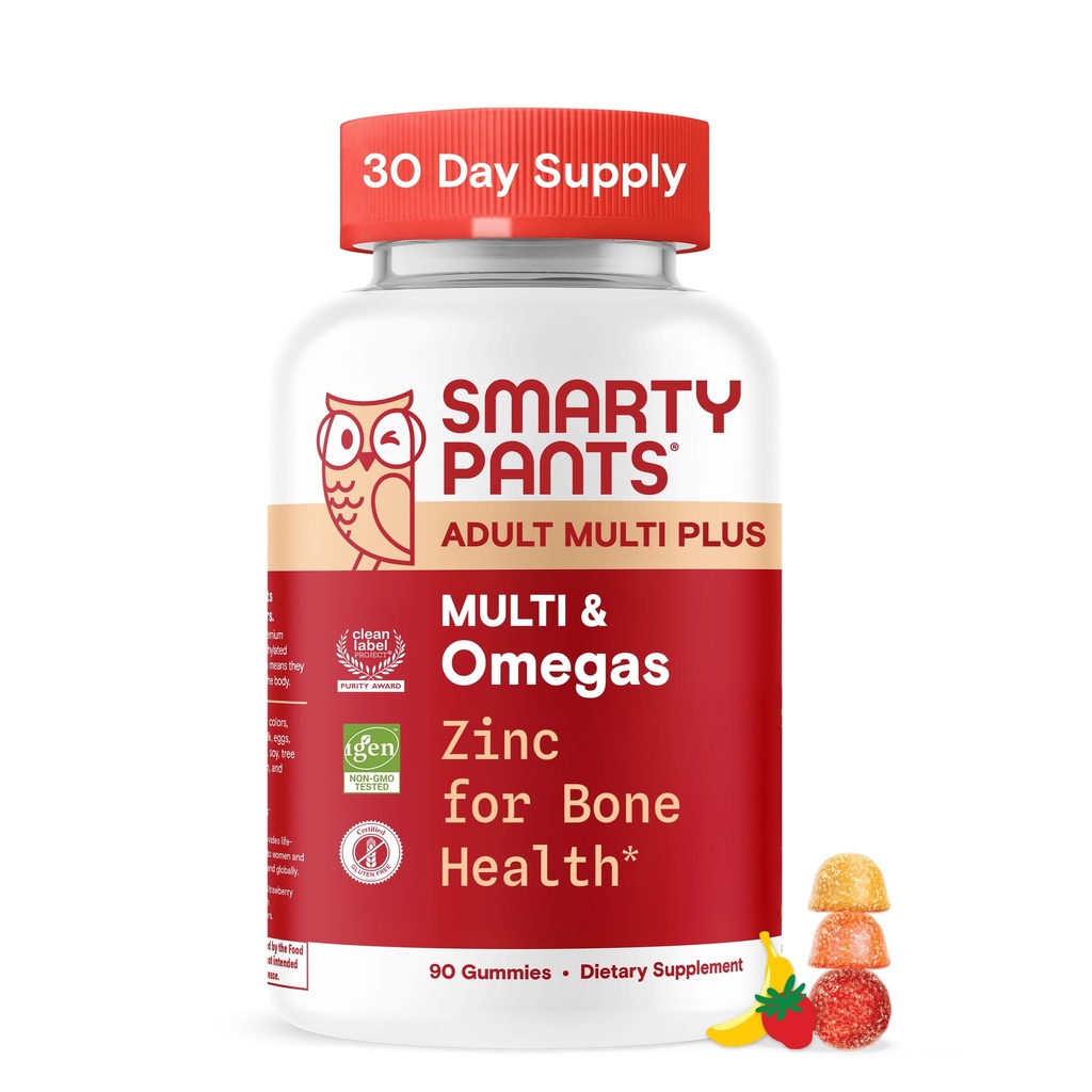 SmartyPants Multivitamin for Men & Women, Multivitamin Gummies with Omega 3 (DHA/EPA), Vitamin D3, C, Vitamin B12, B6, A, K & Zinc, Biotin, Gluten Free, 90 Count (30 Day Supply)