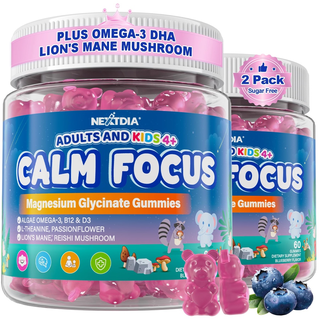 Gummies de enfoque para niños &amp; adultos, w/Magnesium Glycinate, Omega-3 DHA, Lion's Mane, L-Theanine, Metil B12 &amp; Vitamina D3, Brain Supplement Support Calm, Sleep, Atención, Concentración y Memoria, 120Cts