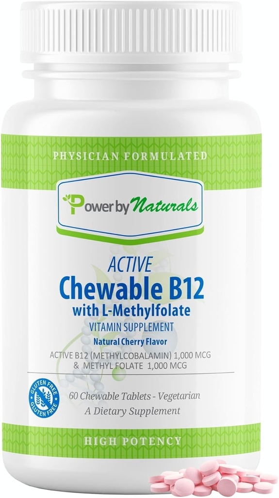 Power By Naturals Active Chewable Methylated B12 with L-Methyl Folate Supplement for Women & Men, Cherry Flavor, 60 Tablets