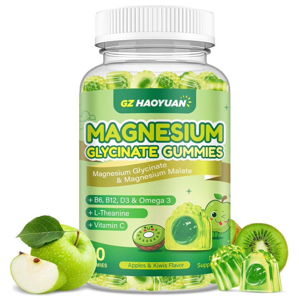 Magnesium Glycinate Gummies for Kids &amp; Adults - Sugar Free Magnesium Malate with L-Theanine, Omega-3, Vitamin D3, B6, B12, C- Sleep, Calm, Relax, Brain, Bones, Green Apple &amp; Kiwi, 60ct