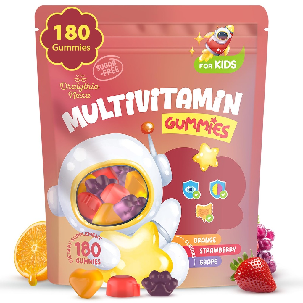 Kids Multivitamin Gummies 180 Count - Eye, Brain & Gut Support - Sugar-Free Vitamins for Kids - with Lutein, Omega-3 DHA & Prebiotics - 3 Fruit Flavors - Ages 2+