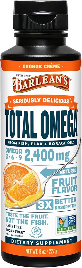 Omega total de Barlean 3 6 9 Naranja Crème suplemento de aceite de pescado líquido con aceite de borrado y licuado, 2.400 mg de Omegas EPA y DHA Plus GLA para salud conjunta y cardíaca, 8 oz