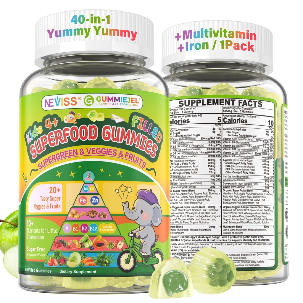 NEVISS Kids 4+ & Teens Super Greens 40-in-1 Gummies w/Multivitamin, Omega3 Iron, D3K2, Picky Eater Organic Super Fruits Veggies Superfood Gummy, Mushroom, Lutein | Immune Bone Brain Energy, Sugar Free