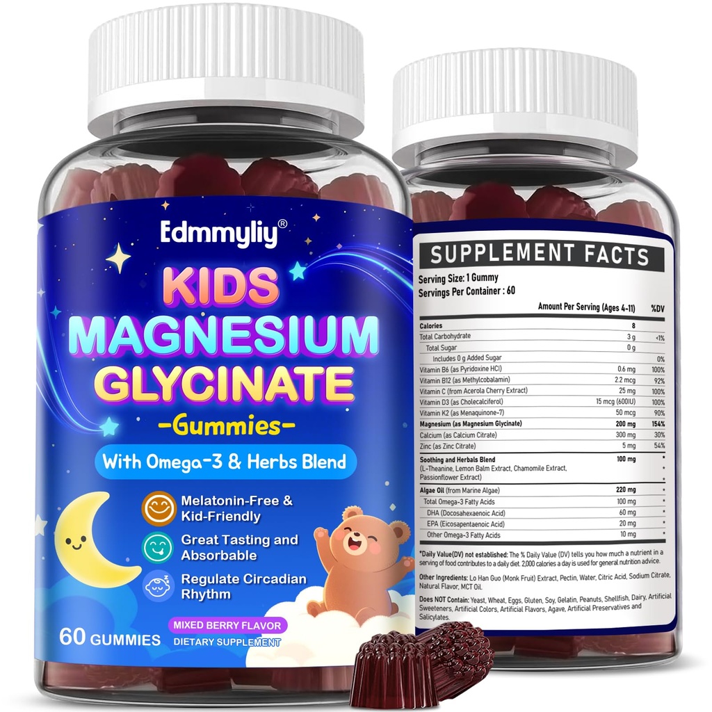 Niños Magnesio Glycinate Gummies - Magnesium Glycinate Suplemento 200 mg con L-theanine Omega-3 Calcium Vitamin D3 &amp; B12 para niños Zzz natural en tiempo de cama &amp; salud general - azúcar libre &amp; no GMO