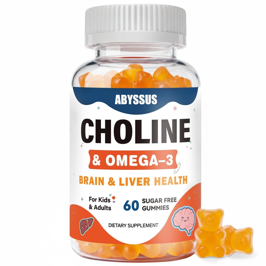 ABYSSUS Choline Gummies for Kids & Adults, Sugar Free Choline Bitartrate Supplements with Algal Omega-3 DHA EPA & Active B6 B12, Brain & Liver Support, Vegan, 60 Count