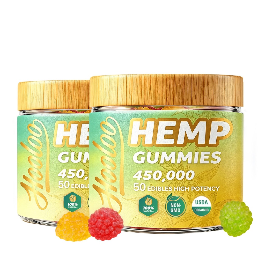 HOOLOO Hemp Gummies 450.000mg para el apoyo a la cama de sonido profundo y el alivio de molestias, Fruity Hemp Gummy Infused Omega 3, Vitaminas, Made in USA
