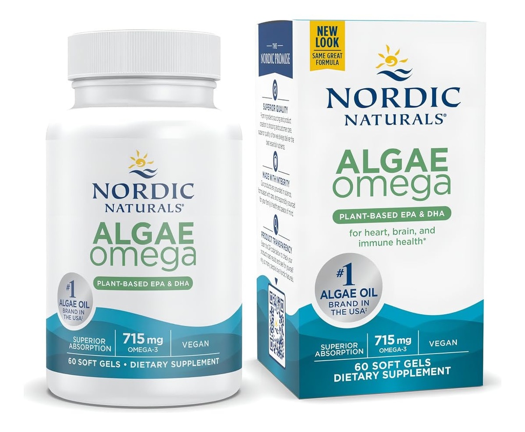 Nordic Naturals Algae Omega - 60 geles blandos - 715 mg Omega-3 - Certified Vegan Algae Oil - Plant-Based EPA & DHA - Heart, Eye, Immune & Brain Health - Non-GMO - 30 Servings