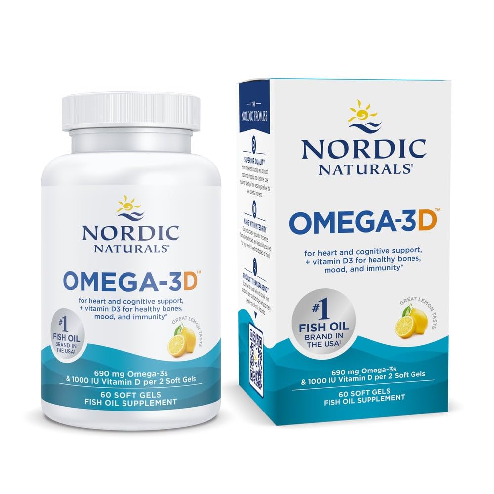 Nordic Naturals Omega-3D, Lemon Flavor - 60 Soft Gels - 690 mg Omega-3 + 1000 IU Vitamin D3 - Fish Oil - EPA & DHA - Immune Support, Brain & Heart Health, Healthy Bones - Non-GMO - 30