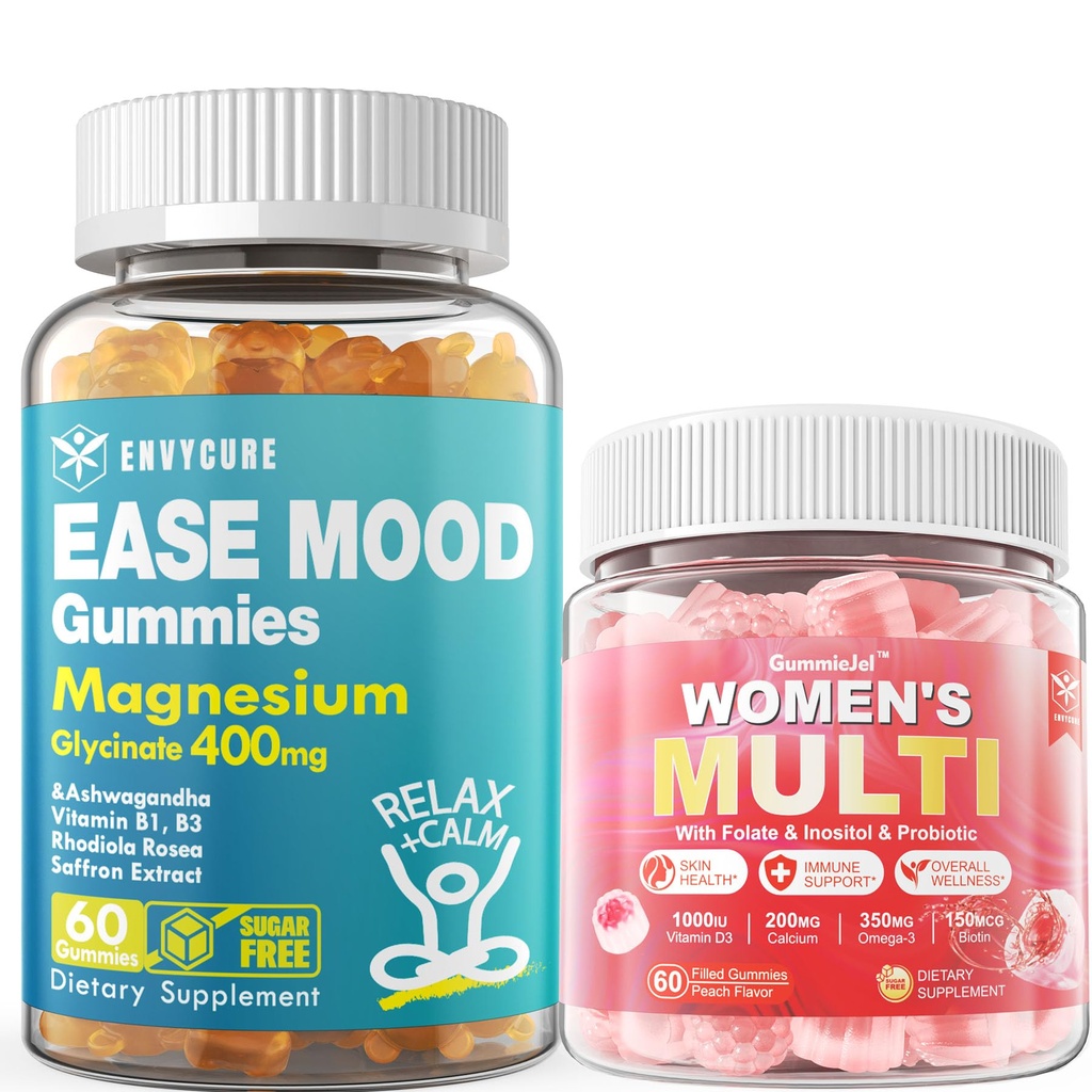 Sugar Free Magnesium Glycinate Gummies 400mg with Ashwagandha + Womens Multivitamin Gummies w Omega-3, Calcium, Enzymes & Probiotic