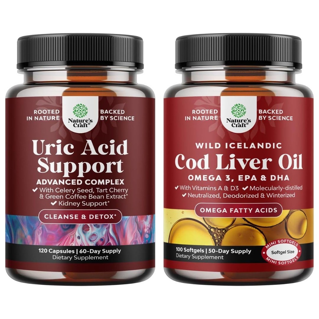 Bundle of Green Coffee Bean Extract for Uric Acid Cleanse - Turmeric Tart Cherry & Celery Seed and Icelandic Wild Caught Cod Liver Oil Softgels - Fish Omega 3 EPA DHA Vitamin D & A 1000mg Per Serving