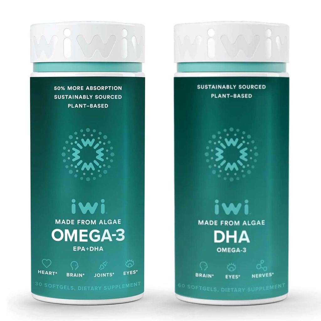 Iwi Omega-3 & DHA Omega-3 Bundle, 30 Servings, Vegan Plant-Based Algae Omega 3, Krill & Fish Oil Alternative, No Fishy Aftertaste