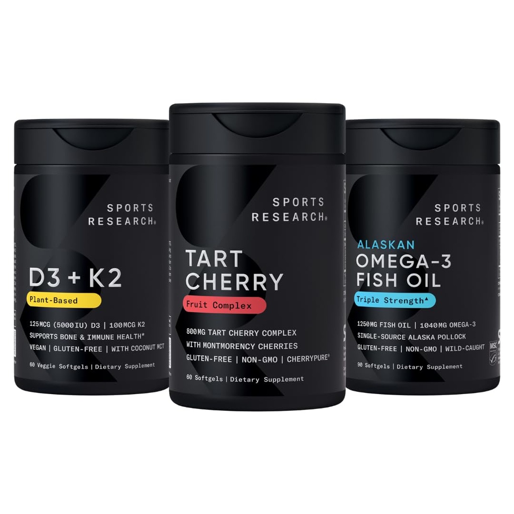 Sports Research® Multivitamin Pack w/CherryPure® Tart Cherry Fruit Complex 800mg, Vitamin D3 5000iu + K2 100mcg, and Alaskan Omega-3 Fish Oil 1250mg - Non-GMO · Sugar-Free · Gluten-Free