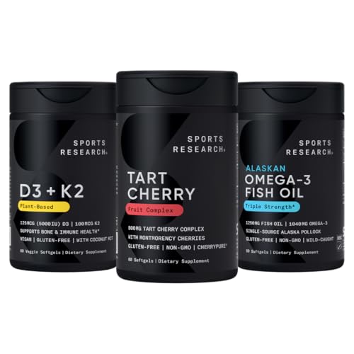 Sports Research® Multivitamin Pack w/CherryPure® Tart Cherry Fruit Complex 800mg, Vitamina D3 5000iu + K2 100mcg y Alaskan Omega-3 Fish Oil 1250mg - Non-GMO · Sin azúcar · Sin gluten