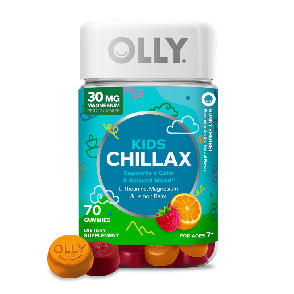 OLLY Kids Chillax Gummy, for a Calm and Relaxed Mood*, Magnesium, L-Theanine, Lemon Balm Extract, Chewable Supplement, Sherbet Flavored, 35 Day Supply - 70 Cuenta (Packaging May Vary)