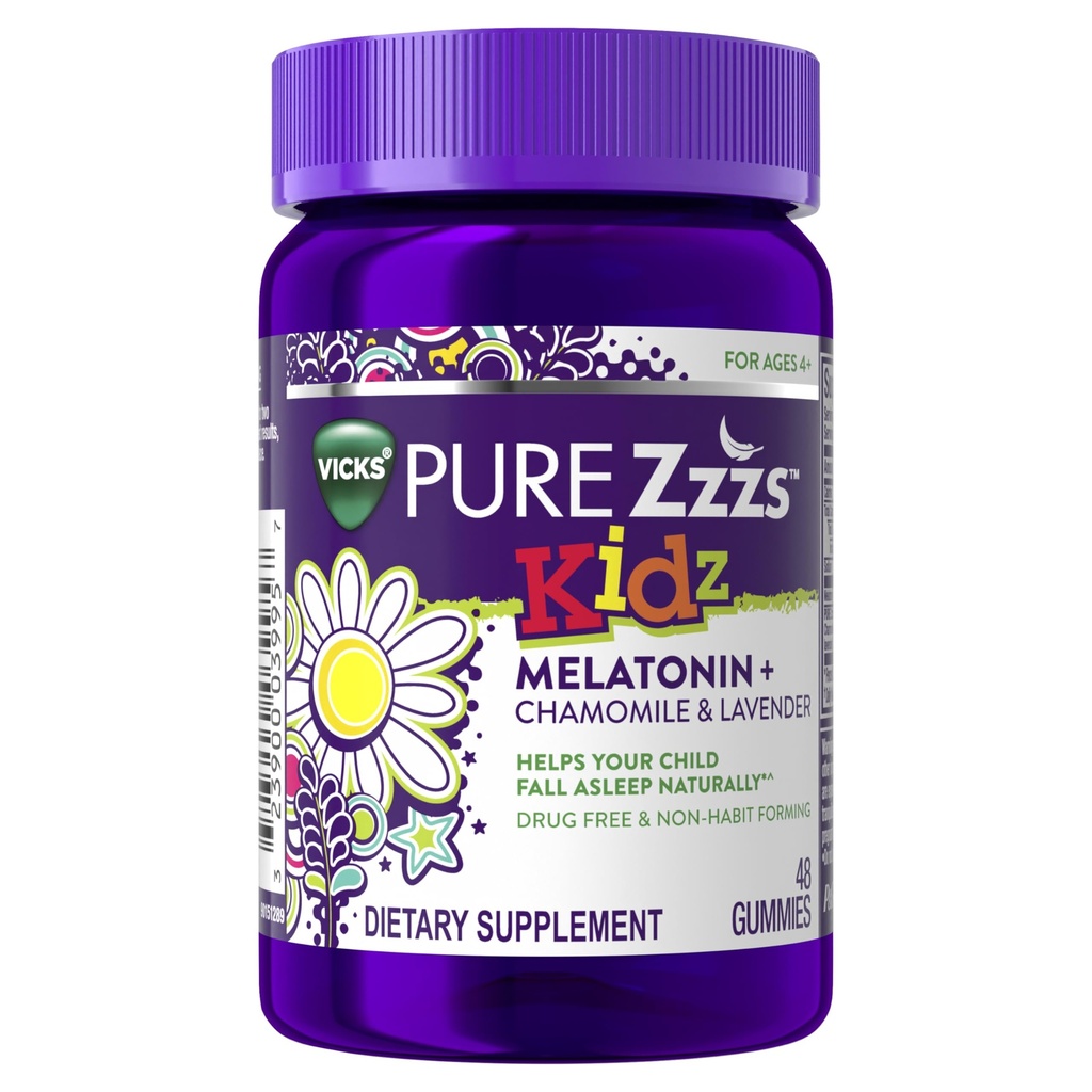 VICKS PURE Zzzs Kidz, Melatonin Sleep Aid Gummies for Kids and Children, Helps Your Child Fall Asleep Naturally, Low Dose Melatonin, 48 Gummies