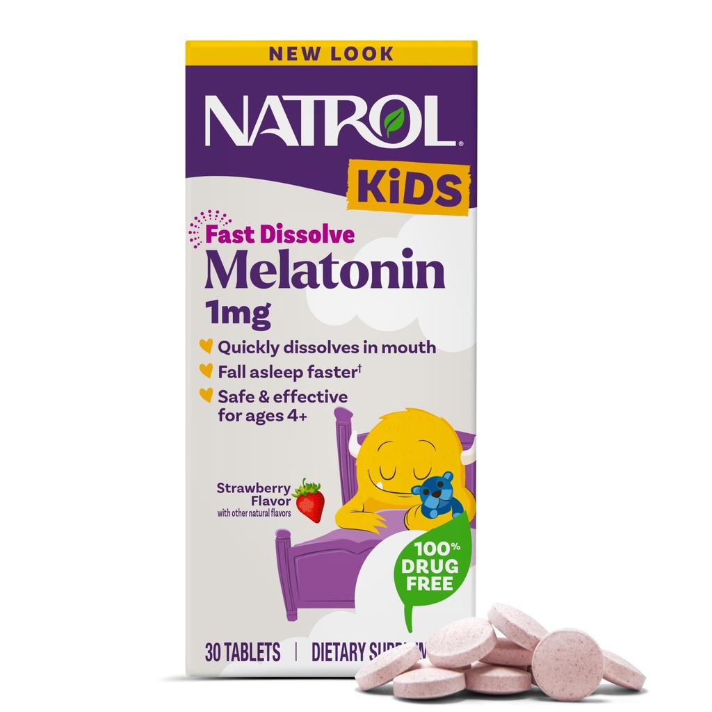 Natrol Kids Fast Dissolve Melatonin 1 mg, Dietary Supplement for Restful Sleep, Sleep Tablets for Kids, 30 Strawberry-Flavored Melatonin Tablets, 30 Day Supply