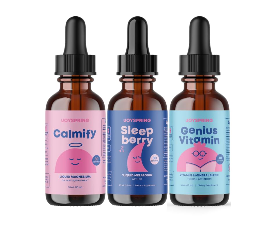 JoySpring Kids Daily Calm & Bedtime Routine – Liquid Magnesium + Melatonin Sleep Drops + Vitamin B Complex for Kids with L-Theanine, Chamomile, Elderberry & Zinc