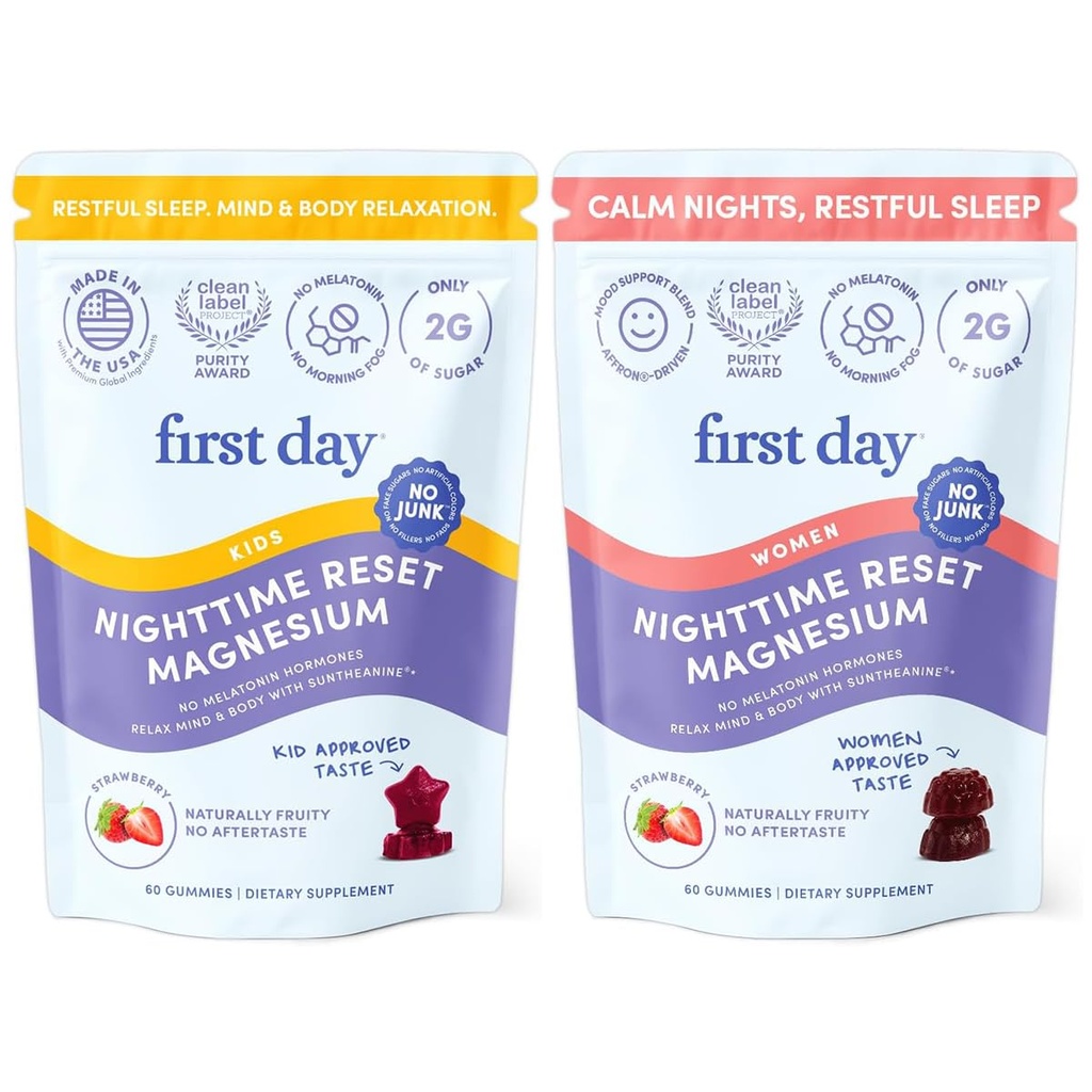 FIRST DAY Kids & Womens' Calming Magnesium Gummies (Strawberry) | Rest & Energy Bedtime Supplement | Balanced Mood | No Melatonin | Clean Label Project Verified® | Vegan, Non-GMO | 30-Day Supply