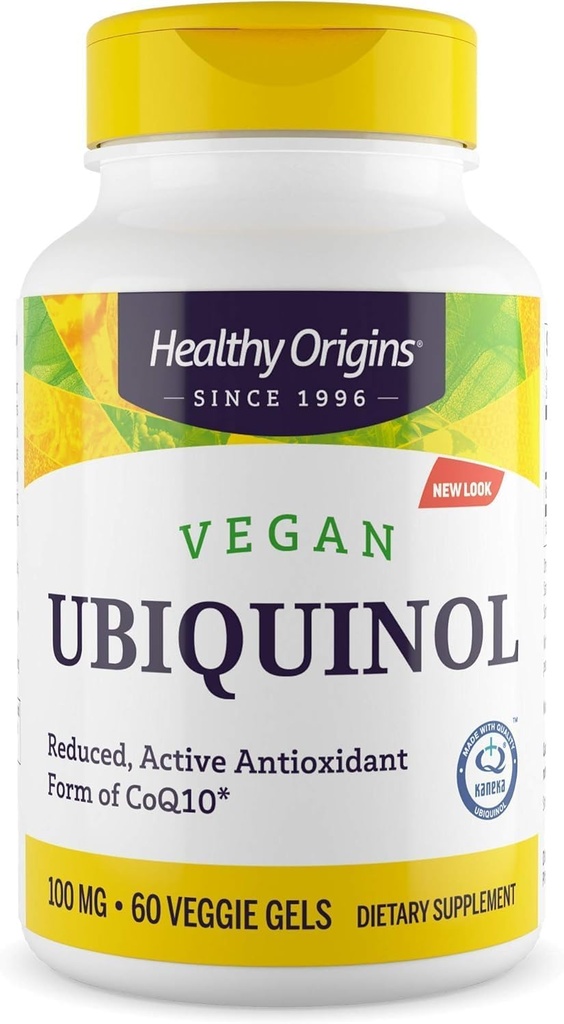Orígenes saludables Ubiquinol vegano (formulario activo de CoQ10), 100 mg - Kaneka Ubiquinol Suplementos para la salud del corazón y el apoyo antioxidante - Gluten-Free &amp; Non-GMO Suplemento - 60 Gels vegetarianos