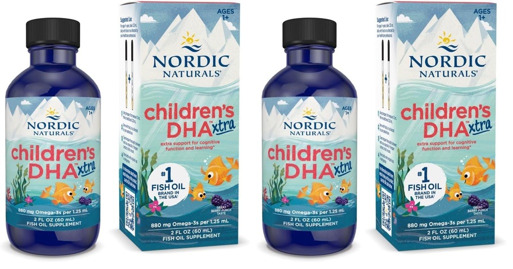 Nordic Naturals Niños DHA Xtra, Berry Punch - 2 oz para niños - 880 mg Total Omega-3 con EPA & DHA - Función Cognitiva &amp; Inmunitaria, Aprendizaje, Desarrollo Social - No GMO - 48 Servimientos (Pack of 2)