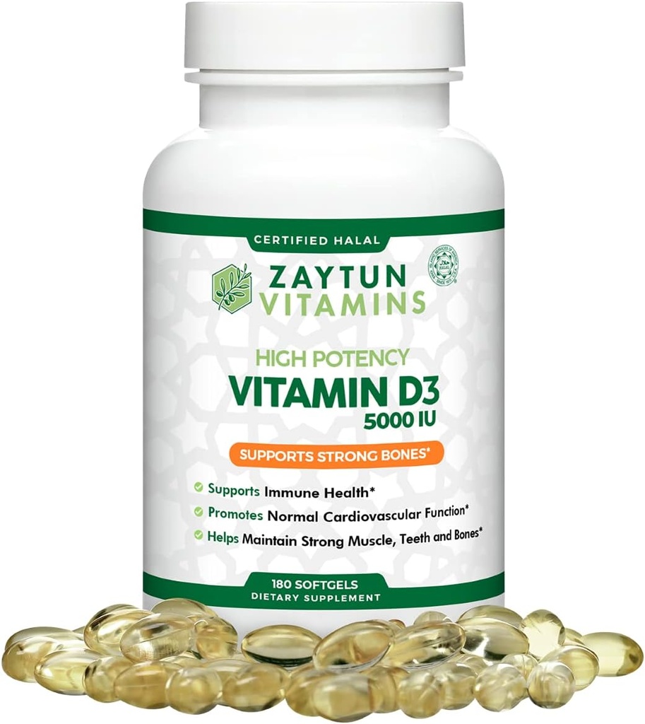 Zaytun Halal Vitamina D3 5000 UI, 180 Mini Softgels, Soportes Huesos, Función del músculo saludable &amp; Immune, Vitamina Premium D de Safflower Oil, 6 Months Supply, Non-GMO, Sin gluten, Made in USA