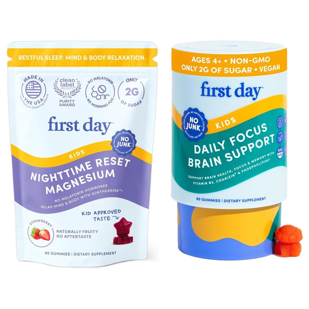 PRIMER DÍA Kids Calming Gummies (Strawberry) & Brain Focus Gummies (Peach) para el descanso " Atención a la vida Mood & Energy Silencio No Melatonin ← Stimulant-Free ← Clean Label Project Verified® TEN Vegan ANTE 30 días