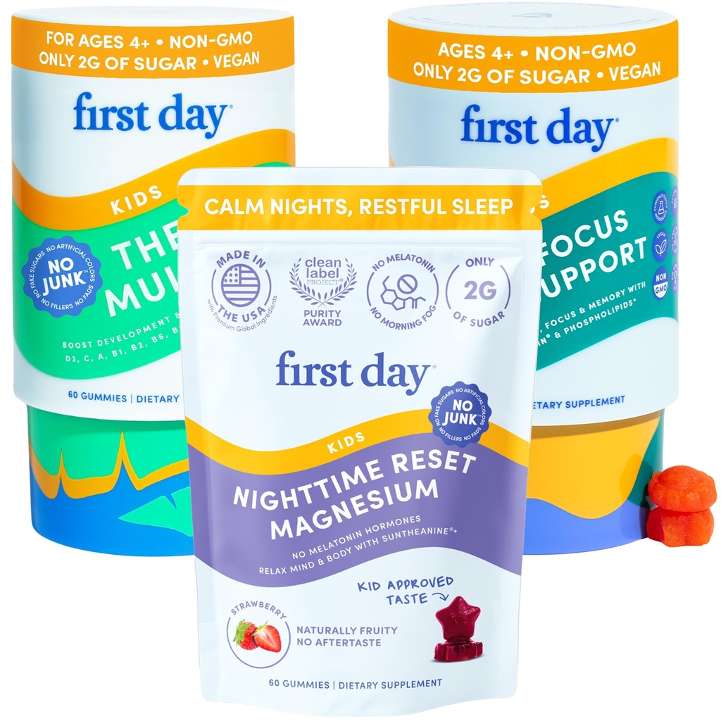PRIMER DÍA Los niños que calman el magnesio (Strawberries), Multivitamínico (Strawberry & Orange), " Brain Focus (Peach) Gummies ANTERI Daily Nutrients, Mood " Focus "