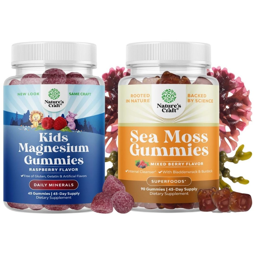 Bundle of Kids Magnesium Gummies - Calm Relaxing Mg Citrate with Raspberry Flavor for Nerve Health Muscles & Heart Support and Irish Sea Moss Gummies with Irish Sea Moss, Bladderwrack &amp; Burdock Root