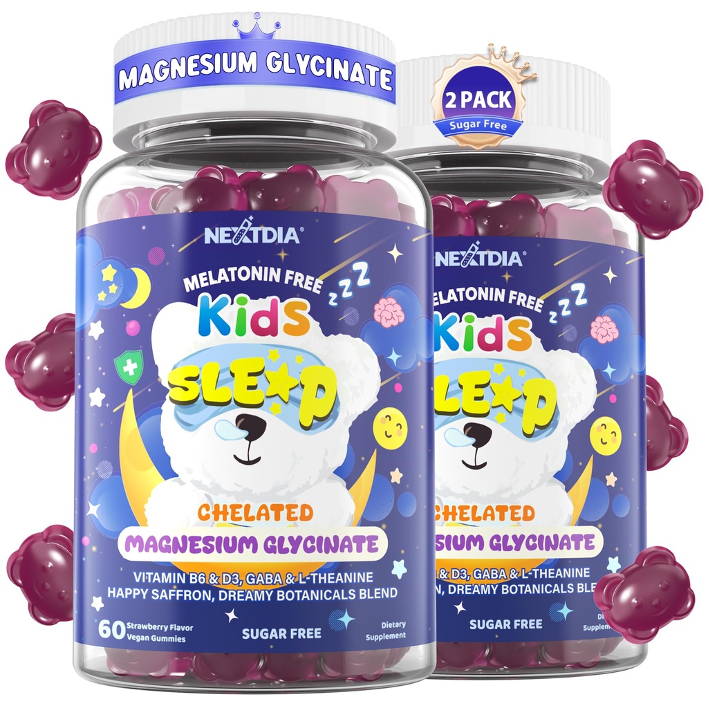 Kids Sleep Gummies NO Melatonin - Triple Magnesium Glycinate + Saffron, GABA, Berry & Nut Superfood Gummies, Sugar Free Nighttime Sleep Aid & Calm for Kids 4+ Teens, Relaxation, Brain & Muscle, 2Pack