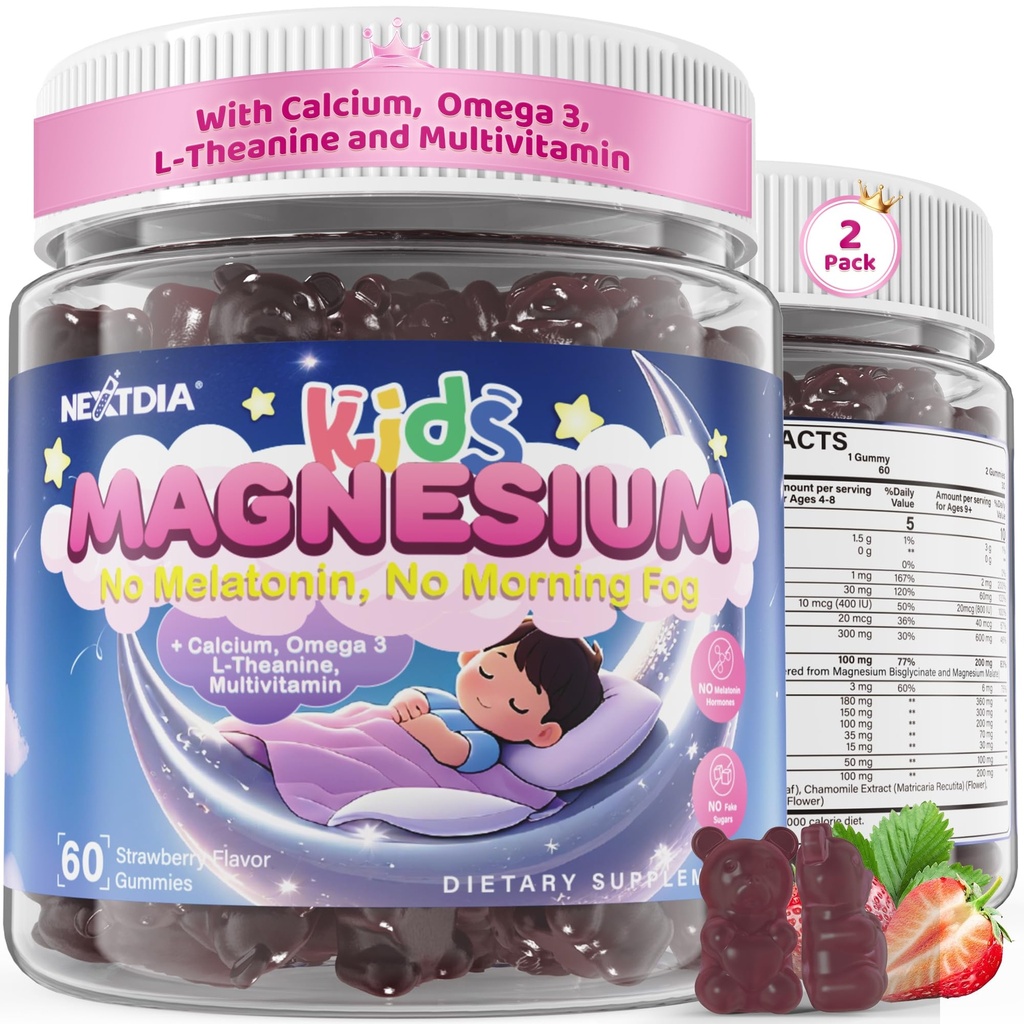 Niños Magnesio Glycinate Gummies + Calcio + Omega 3 - Kids Sleep & Calm Gummies, Melatonin Free Magnesium Gummies + L-theanine, B6, D3 &amp; K2, Zinc, C para el sueño relajante, huesos, cerebro &amp; inmunidad, 2 Pack