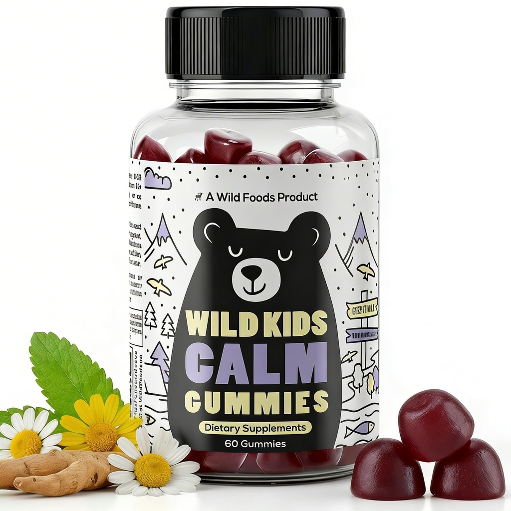 Wild Foods Kids Calm Gummies - Ashwagandha Gummies for Kids w/GABA, L-Theanine, Lemon Balm & Charmomile - Support Natural Relaxation, Stress Relief & Sleep, for Children 4+, Berry Flavor, 60 Count