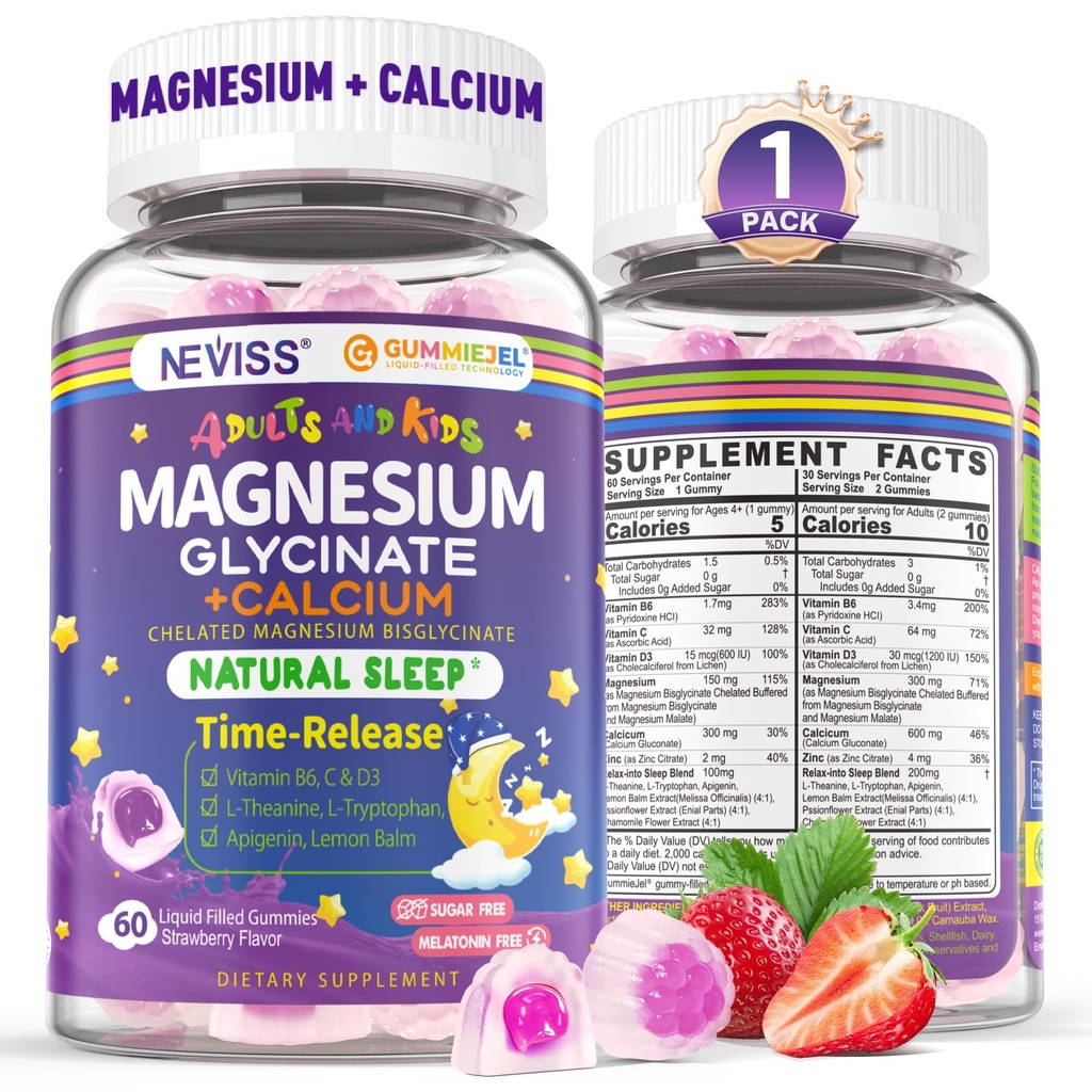 Neviss Magnesium Glycinate + Calcium Filled Gummies for Adults and Kids 4+, Kids Sleep Gummies Melatonin Gratis, Sugar Suplemento Magnesio Libre con B6 D3, L-Theanine for Zzz & Relax, Brain,Bone,Muscle
