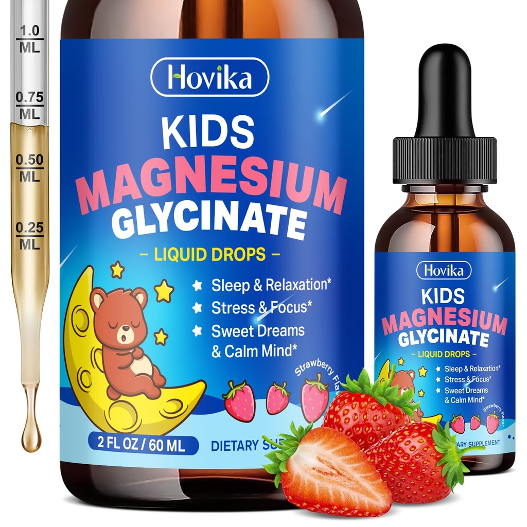 Magnesium Glycinate Liquid for Kids - with L-Theanine Omega-3, Vitamin B6, D3, Zinc - Kids Magnesium Drops for Sleep, Relax, Calm & Focus - 2 Fl Oz, Strawberry Flavor
