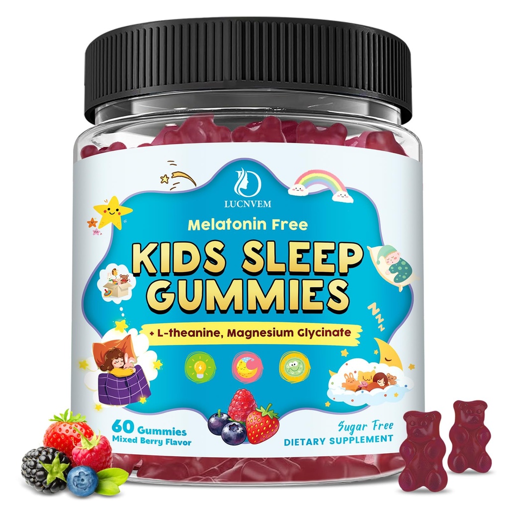 Kids Sleep Gummies with Magnesium Glycinate – Melatonin Free Bedtime Support for Kids – Calm &amp; Relax with L-Theanine, GABA, Chamomile &amp; Lemon Balm – Sugar Free Mixed Berry Flavor, 60 Gummies