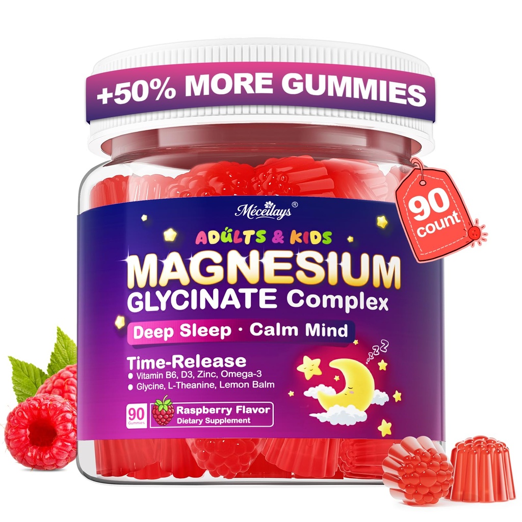 Magnesium Glycinate Gummies for Kids 4+ " Adultos, 90 Condes No Melatonin Magnesium Gummies for Sleep " Calm, Sugar Free Vegan with Glycine, L-Theanine, B6, D3, Zinc " Omega 3 - Raspberry Flavor