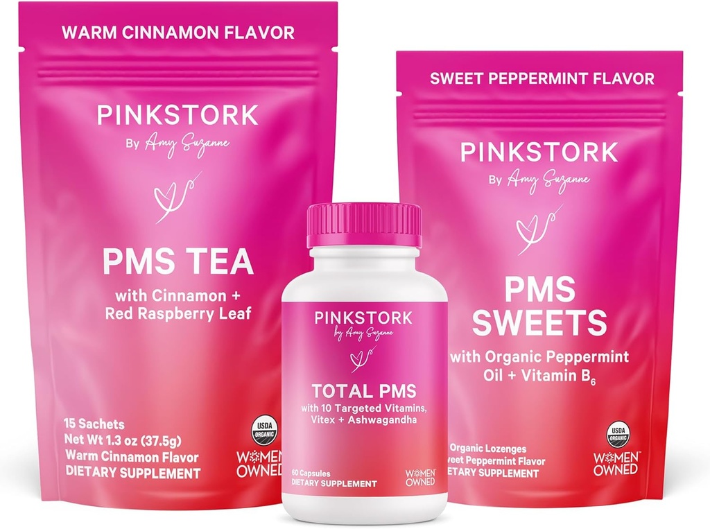 Pink Stork PMS Support Trio: Suplementos de alivio de período, té de canela, + dulces de menstruación, soporte menstrual, kit de primer período, equilibrio hormonal para ciclo menstrual saludable, mujer-producido