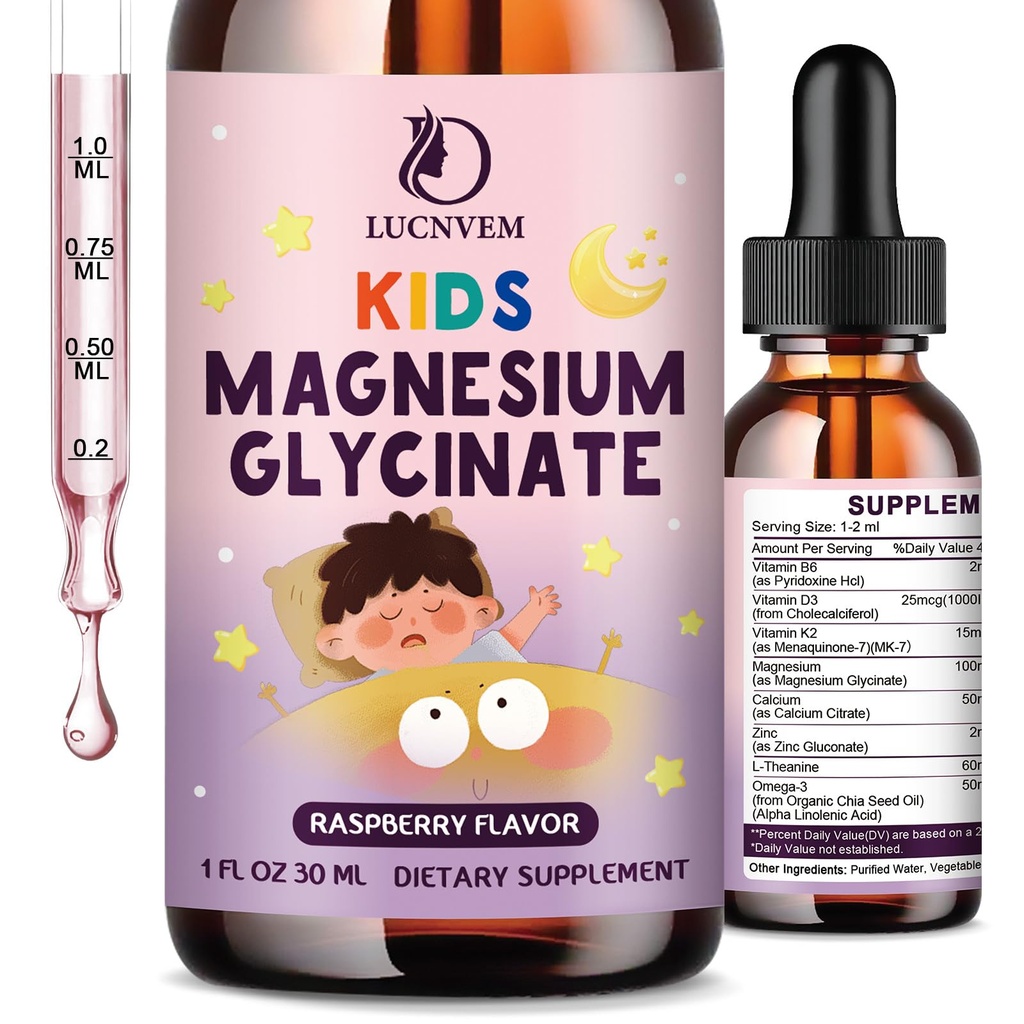 Kids Magnesium Glycinate Sleep Liquid Drops – Magnesium Glycinate with L-theanine for Sleep & Calm Support – Melatonin-Free, Sugar-Free Raspberry Falvor – 1 Botellas, 30ml Cada uno