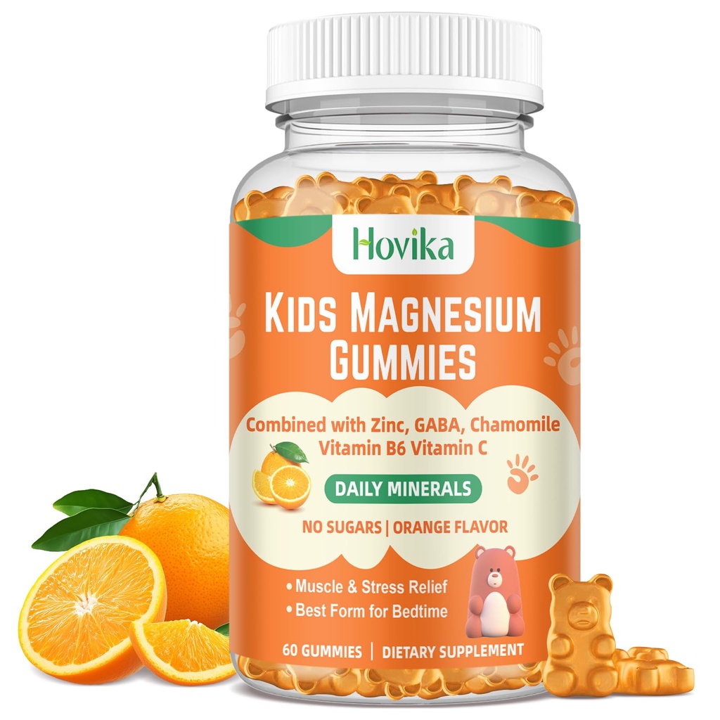 Magnesium Glycinate Gummies for Kids: Calm Magnesium Supplement for Kids &amp; Adults with Zinc Citrate, GABA, Chamomile, Vitamina B6 &amp; C - Sleep, Relax & Focus, Orange Flavor 60 Count