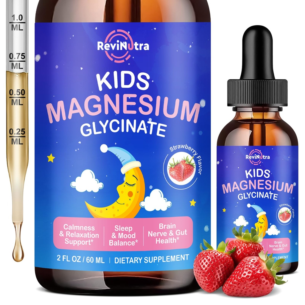 Magnesium Glycinate Liquid for Kids - Citrate, Malate with Omega-3, L-Theanine, GABA, Chamomile, 5-HTP, D3, Zinc, Kids Magnesium Drops for Sleep, Calm, Relax &amp; Focus, Strawberry Flavor, 2 Fl Oz