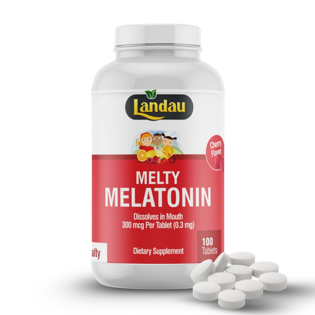 Landau 0.3mg-300 mcg Melty Melatonin for Kids & Adults – Easy-to-Take, Fast-Dissolving, Helps You Fall Asleep Faster – Kosher, Made in The USA – 100 Tablets, Cherry Flavor