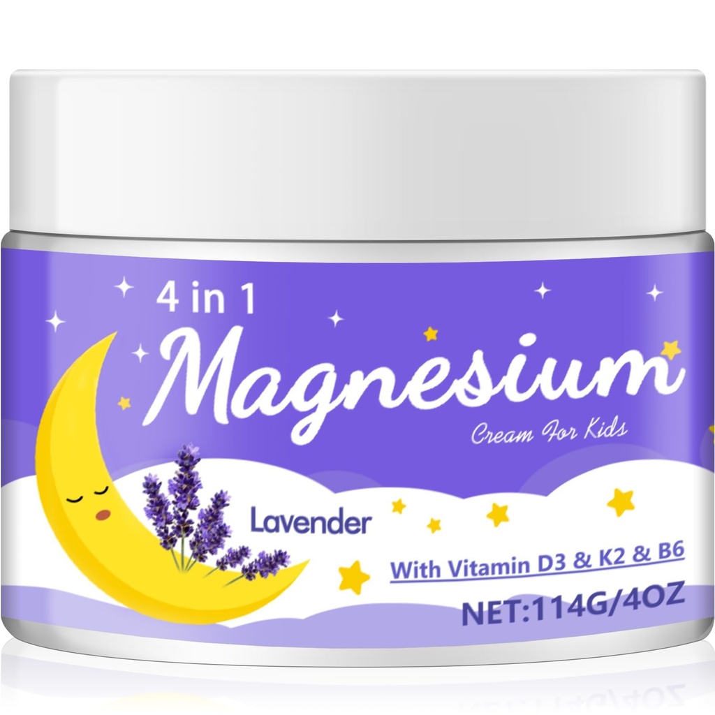 Loción de magnesio para niños, crema de magnesio para bebés, reduce la ansiedad precaída " extiende la duración del sueño, lavanda con vitaminas D3, K2, B6, libre de melatonina, para la piel sensible (4 Oz)-WN7