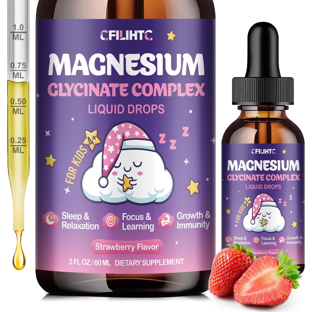 Magnesium Glycinate Liquid for Kids - Magnesium Bisglycinate Drops with L-Theanine, Chamomile & Vitamin B6, B12, C, D3 for Sleep, Relax, Immune Support, Calm & Focus - 2 Fl Oz, Strawberry Flavor