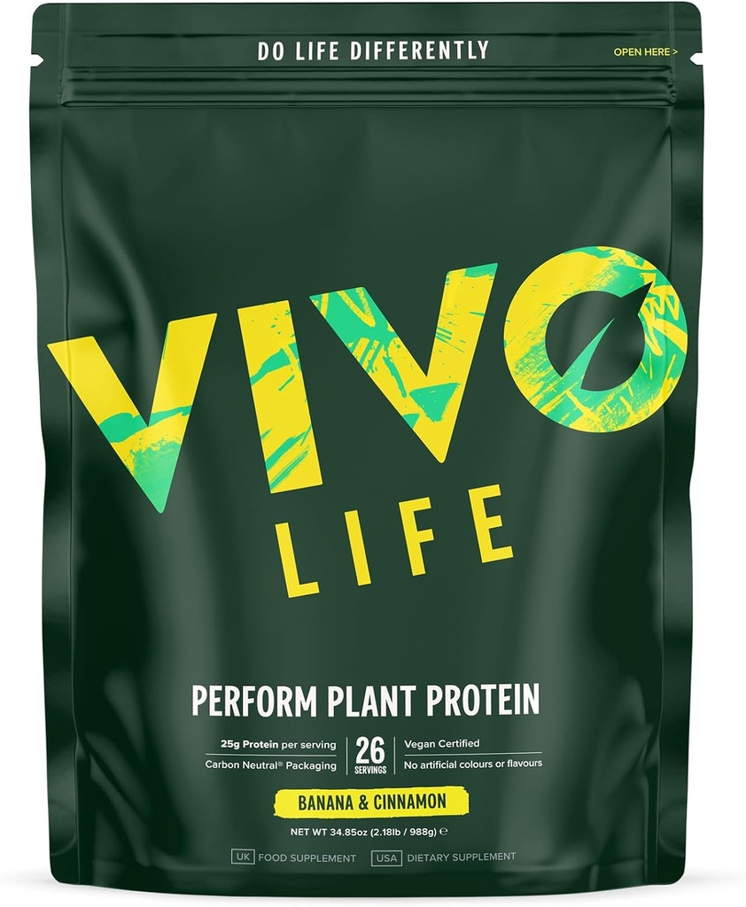 Vida Vivo Realizar Polvo de Proteína Planta - Pea &amp; Hemp Protein Blend con BCAA (34.85 oz, Banana & Cinnamon)