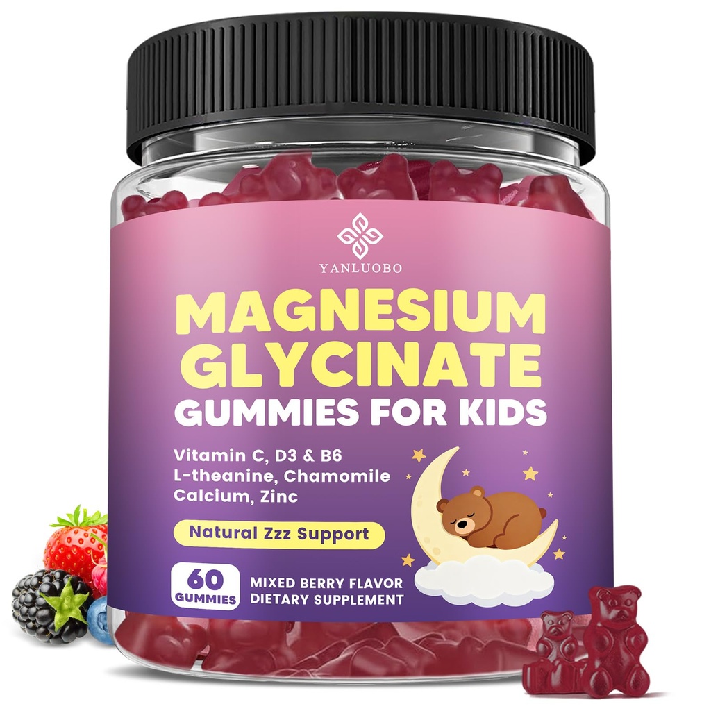Gummies de magnesio para niños, Magnesium Glycinate Gummies 400mg/200mg con L-Theanine, Chamomile, Vitamina B6, D3 para niños, Relax &amp; Zzz Support, Nerve Bone - Sugar Free Mixed Berry Flavor 60ct