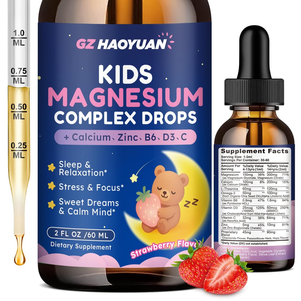 Niños gotas líquidas de magnesio - gotas Glycinate de magnesio para niños, Citrate líquido con calcio, Omega-3, L-theanina, zinc, vitamina B6 D3 C para dormir, relajación, calma > Focus, sabor a fresa, 2 Fl Oz