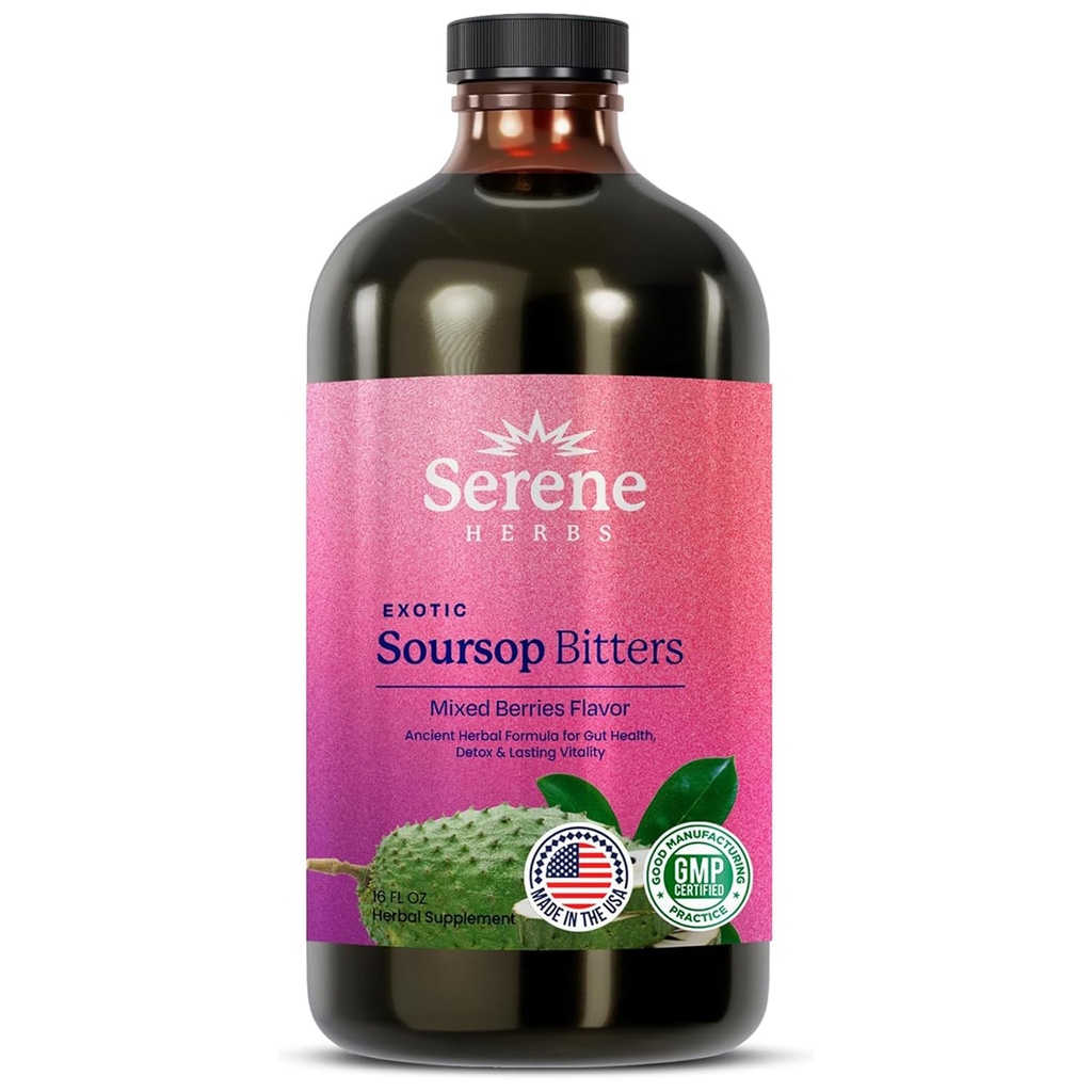 Serene Herbs Soursop Bitters Liquid with Soursop Leaves for Gut Cleanse, Detox &amp; Immune Boost with Black Seed, Moringa, Irish Moss, Ashwaganda, Turmeric, 16 fl oz (16 Fl Oz (Pack of 1), Mixed Berry)